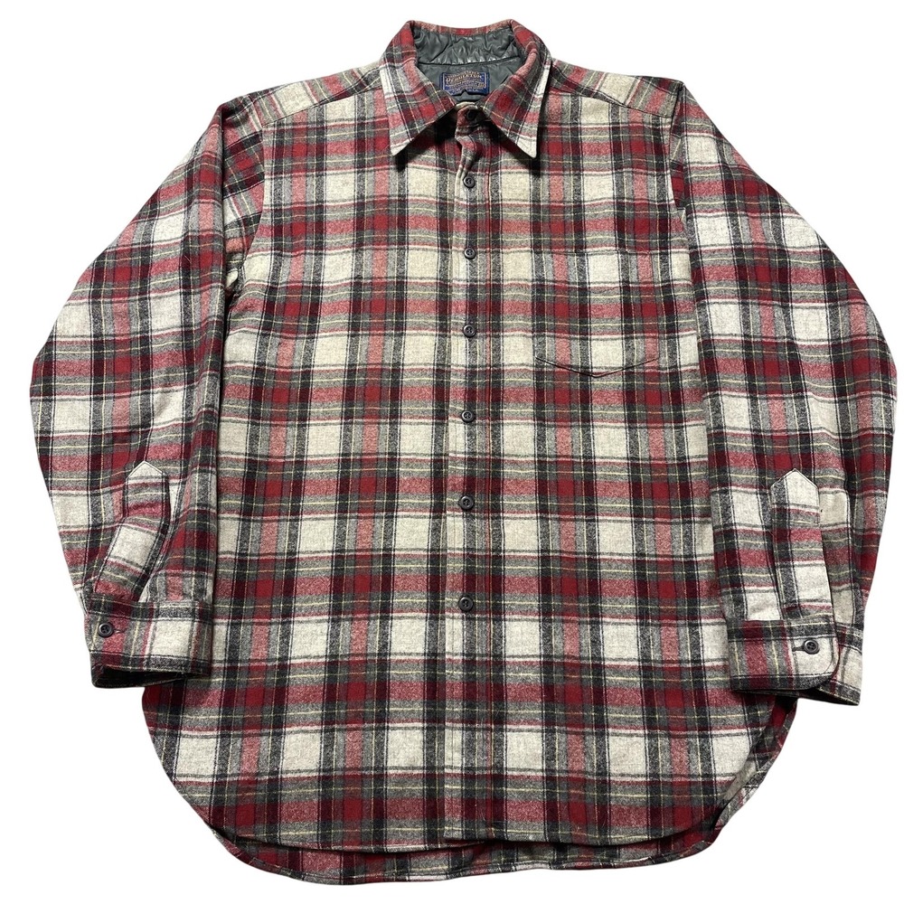 Pendleton Jacket Men Med Red Plaid Wool Flannel Quilted Lined Pockets Button VTG